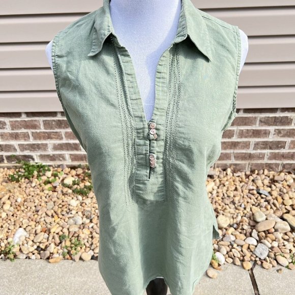 Geoffrey Beene Womens Green Linen Blend Tank Open‎ Work Detail Side Zip Size M - Picture 2 of 7
